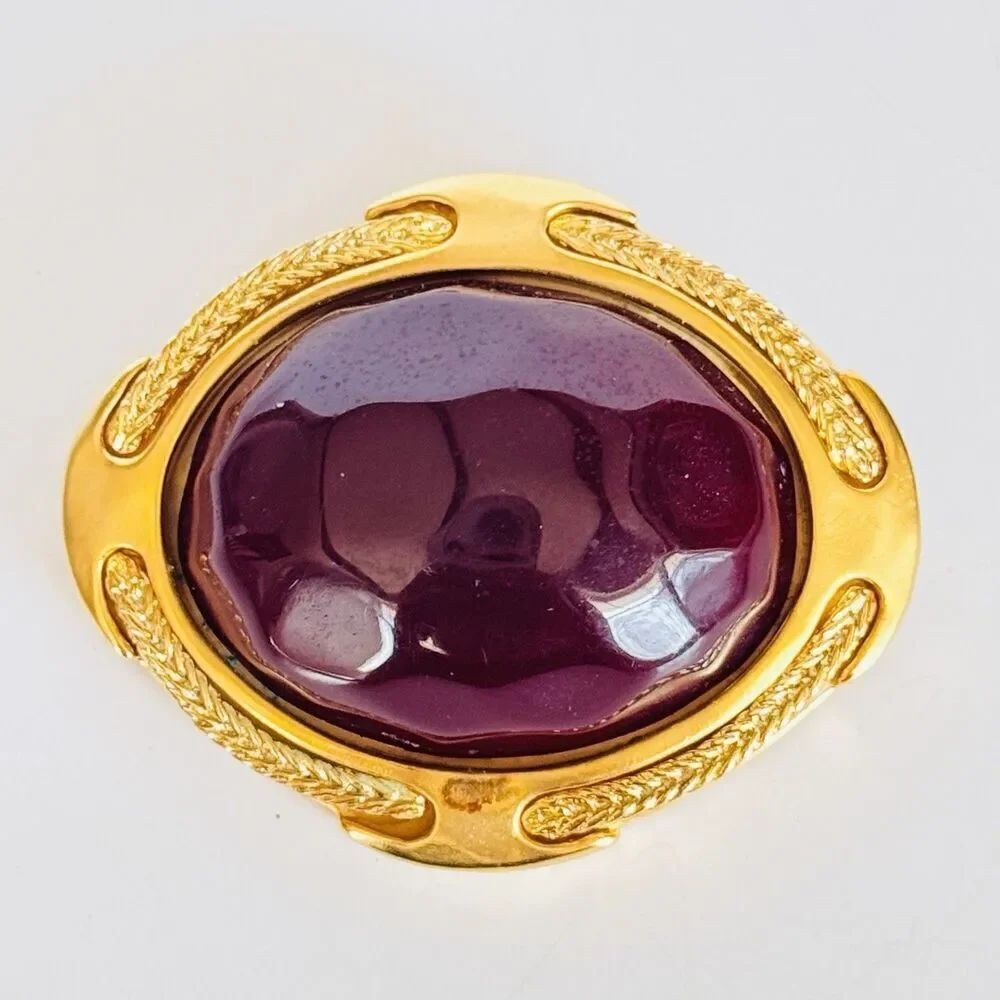 Karl Lagerfeld Frosted Satin Gold Plated Brooch Red Maroon Fein Lucite Vintage